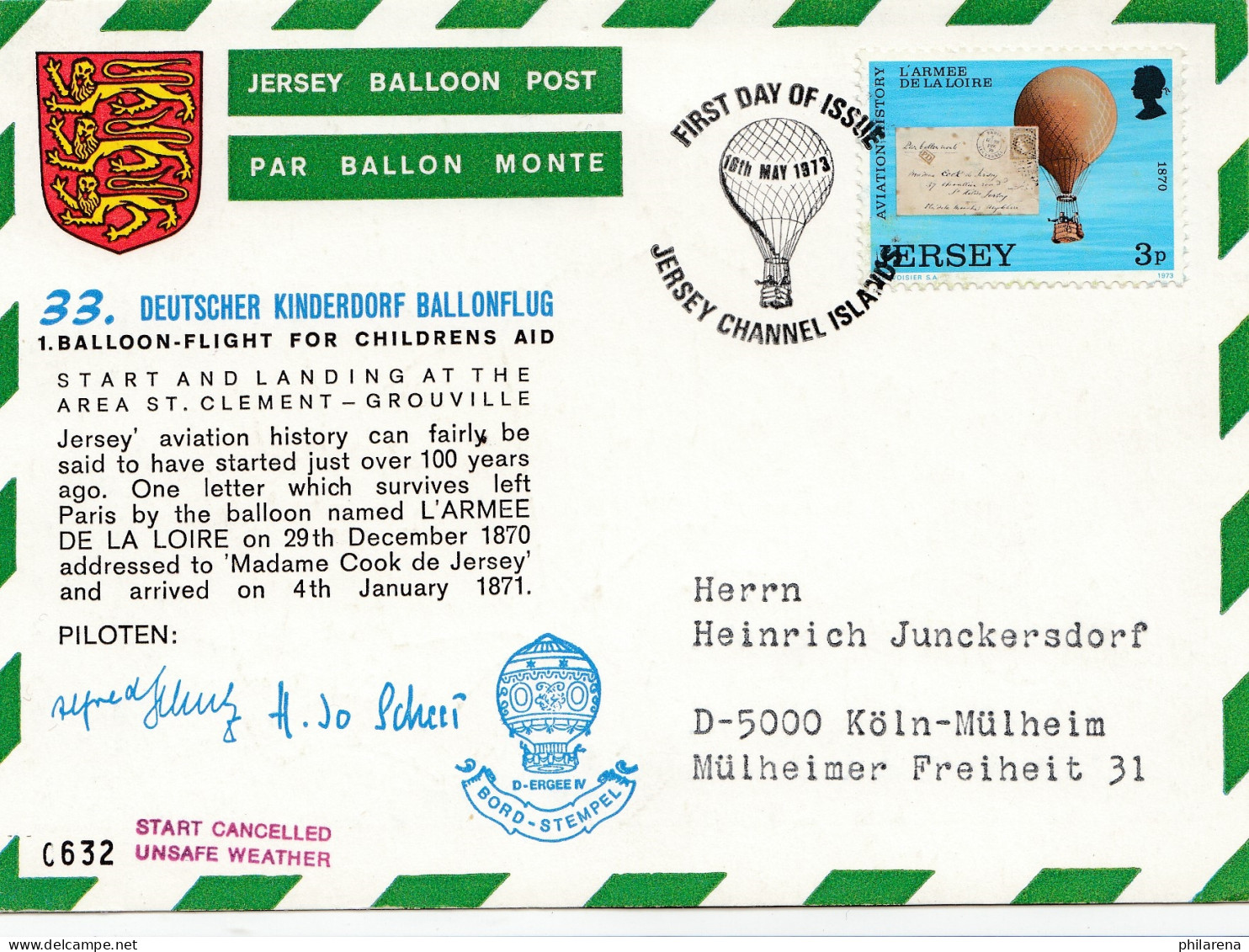 AK Jersey Balloon Post  1973 - FDC Nach Köln - Jersey