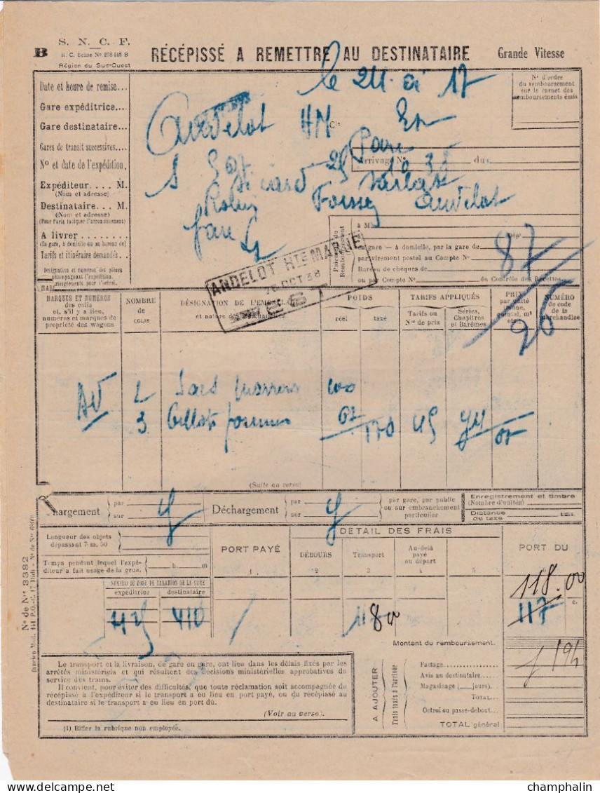 Chemins De Fers PO-Midi - 2 Documents Transport Marchandises De Sarlat (24) à Andelot (52) - Année 1938 - Transportmiddelen