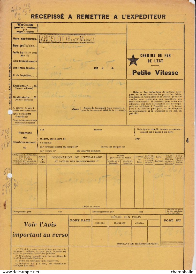 Chemins De Fer De L'Est - 1 Document Transport Marchandises De Andelot (52) à Bischeim (67) - 11 Février 1938 - Transport