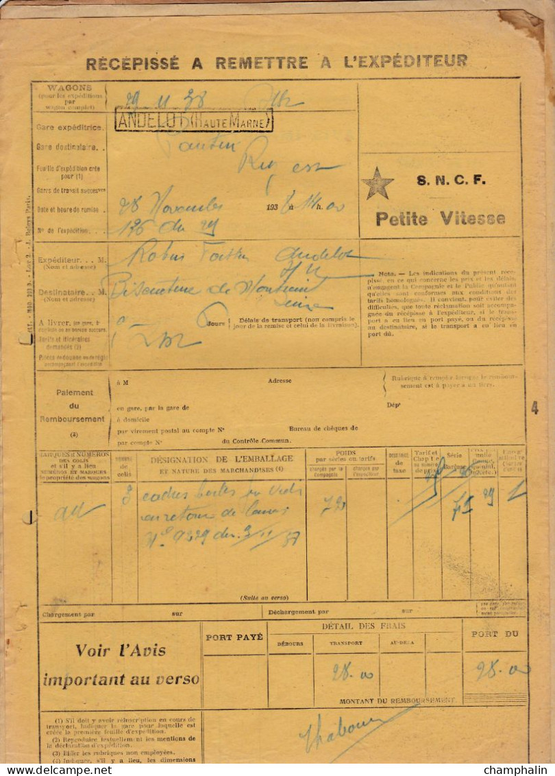 Chemins De Fer De L'Est & SNCF - 3 Documents Transport Marchandises De Andelot (52) à Pantin (93) - Années 1937 à 1938 - Transports