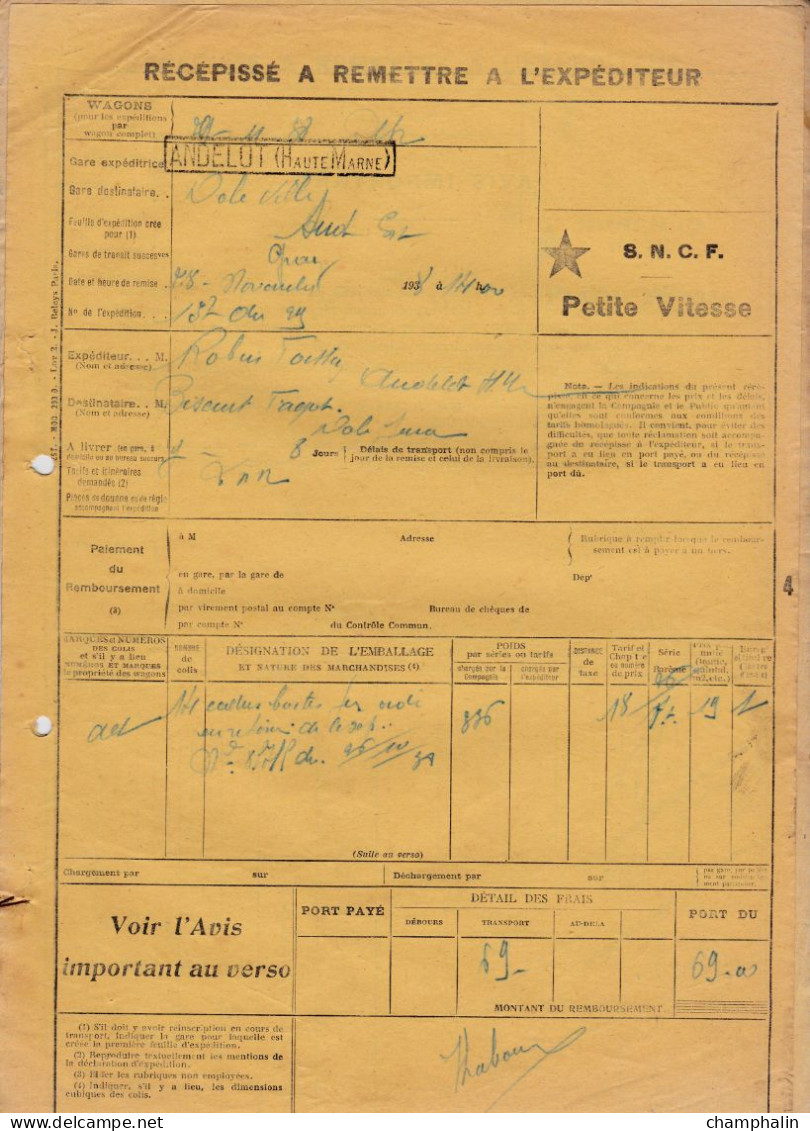 SNCF - 1 Document Transport Marchandises De Andelot (52) à Dijon (21) - 29 Janvier 1938 - Transports