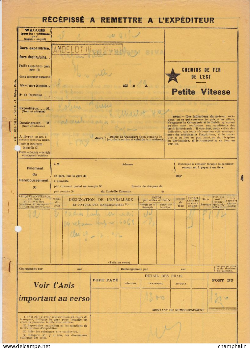 Chemins De Fer De L'Est & SNCF - 2 Documents Transport Marchandises De Andelot (52) à Dole (39) - Année 1938 - Transport