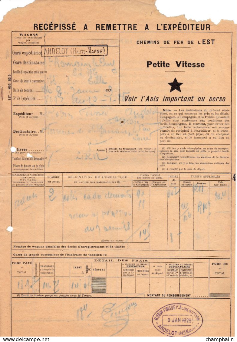 Chemins De Fer De L'Est - 1 Document Transport Marchandises De Andelot (52) à Saint-Romain-le-Puy (42) - 8 Janvier 1929 - Transportmiddelen