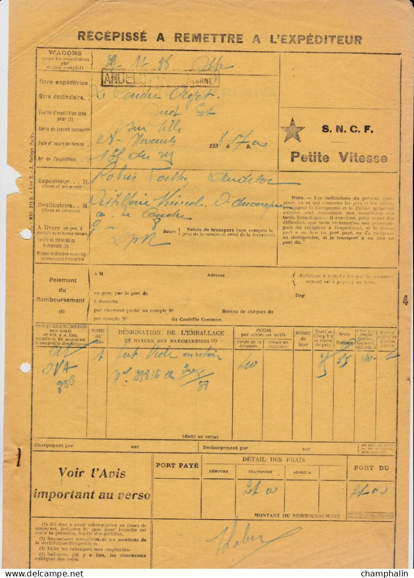 SNCF - 1 Document Transport Marchandises De Andelot (52) à Le Cendre-Orcet (63) - 28 Novembre 1938 - Transport