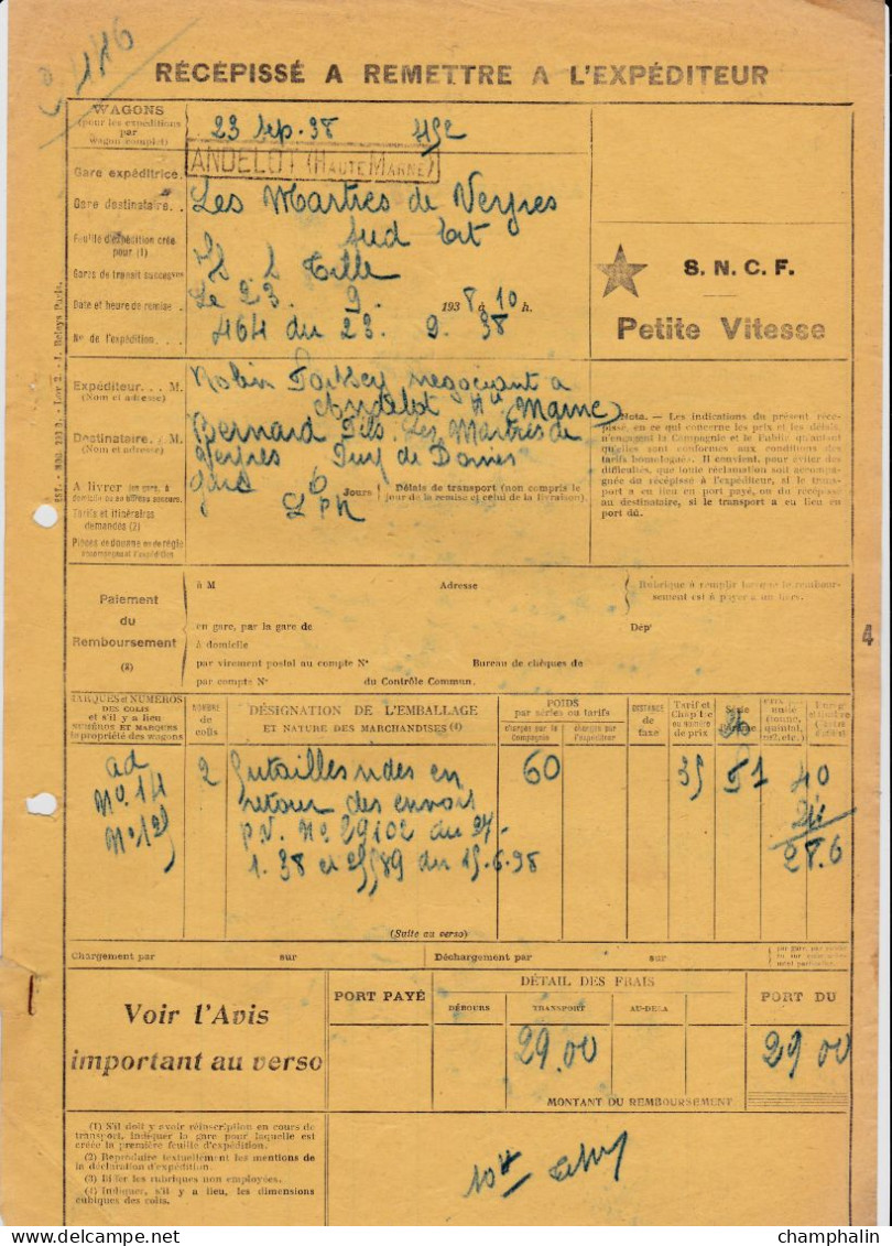 SNCF - 1 Document Transport Marchandises De Andelot (52) à Les Martres-de-Veyre (63) - 23 Septembre 1938 - Transport