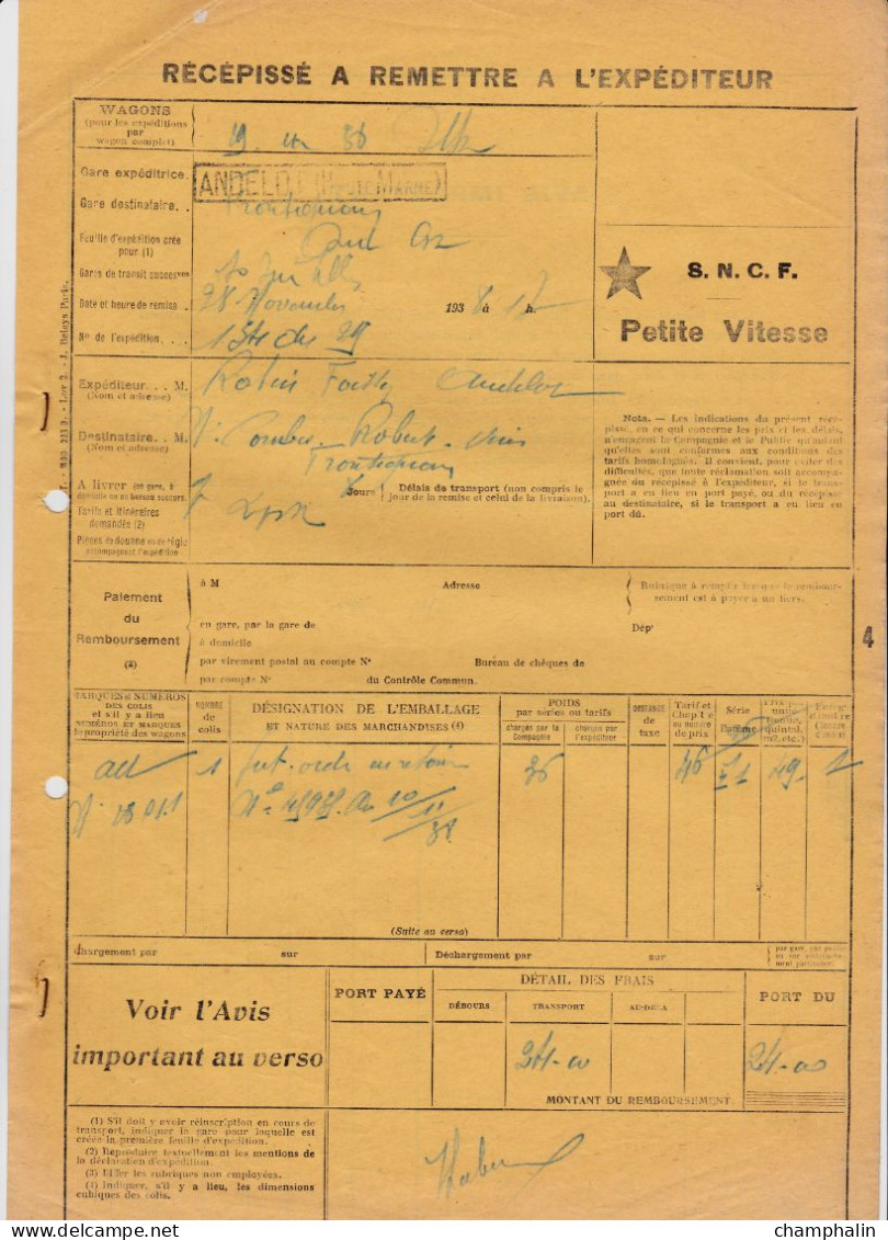 SNCF - 1 Document Transport Marchandises De Andelot (52) à Frontignan (34) - 28 Novembre 1938 - Transports