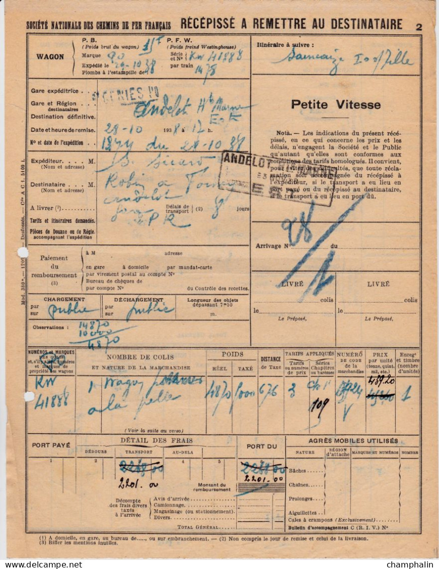 SNCF - 1 Document Transport Marchandises De Saint-Geniès (24) à Andelot (52) - 28 Octobre 1938 - Transport
