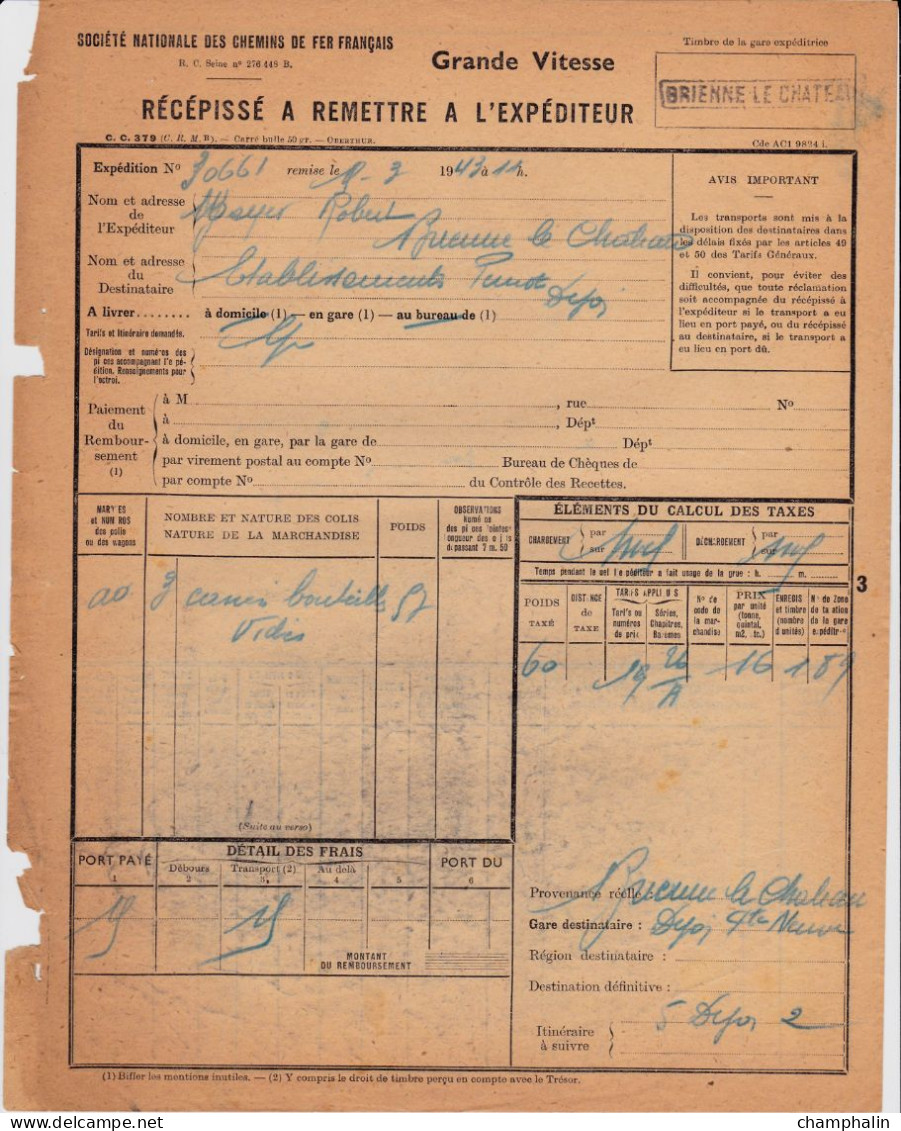 SNCF - 1 Document Transport Marchandises De Brienne-le-Château (10) à Dijon (21) - 9 Mars 1943 - Transport