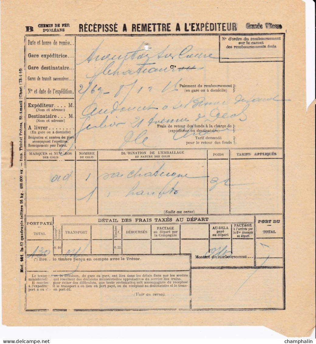 Chemin De Fer Orléans - 1 Document Transport Marchandises Argenton-sur-Creuse (36) à Châteauroux (36) - 8 Décembre 1926 - Transports