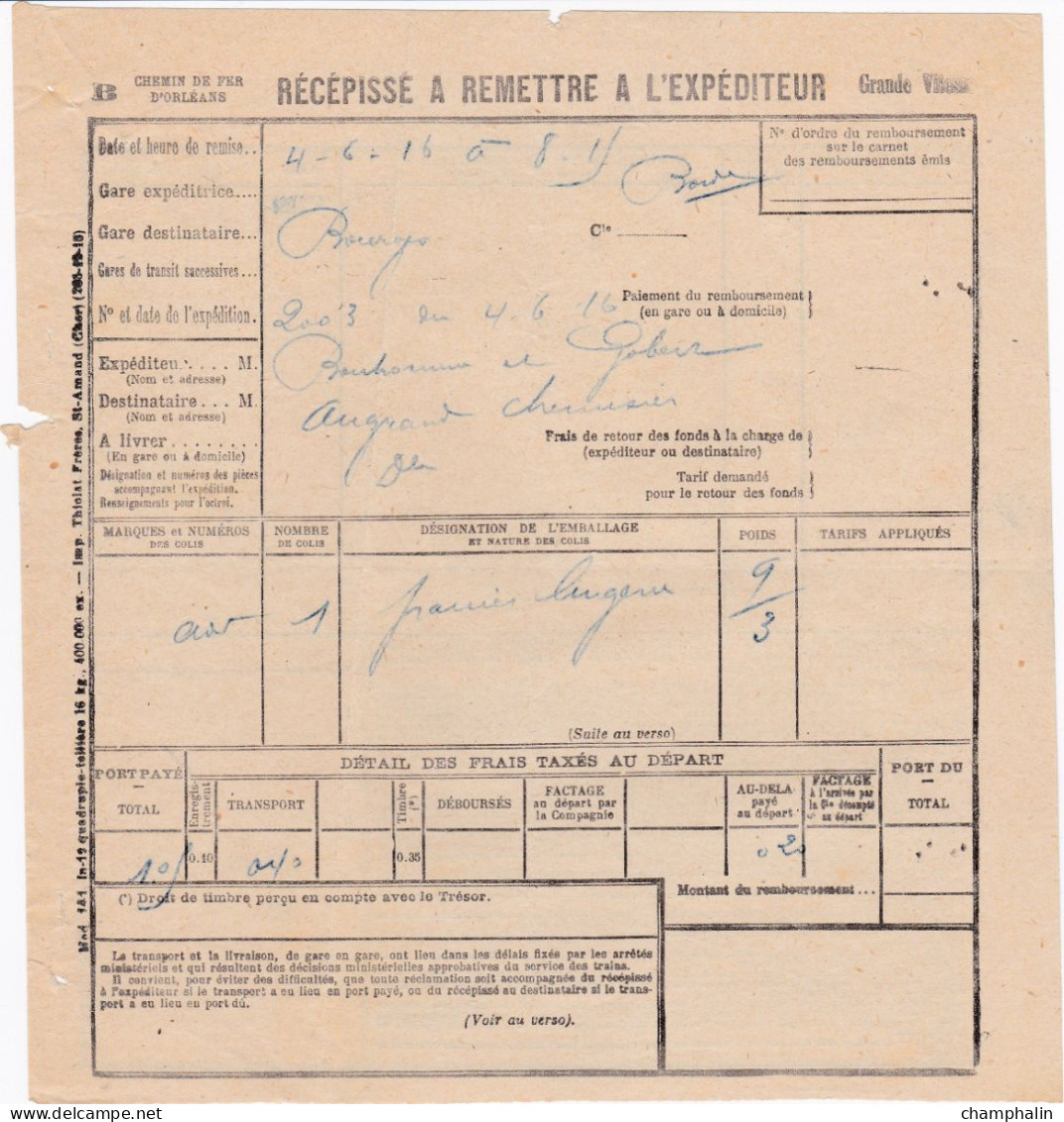 Chemin De Fer D'Orléans - 1 Document Transport Marchandises De Argenton-sur-Creuse (36) à Bourges (18) - 4 Juin 1916 - Transports