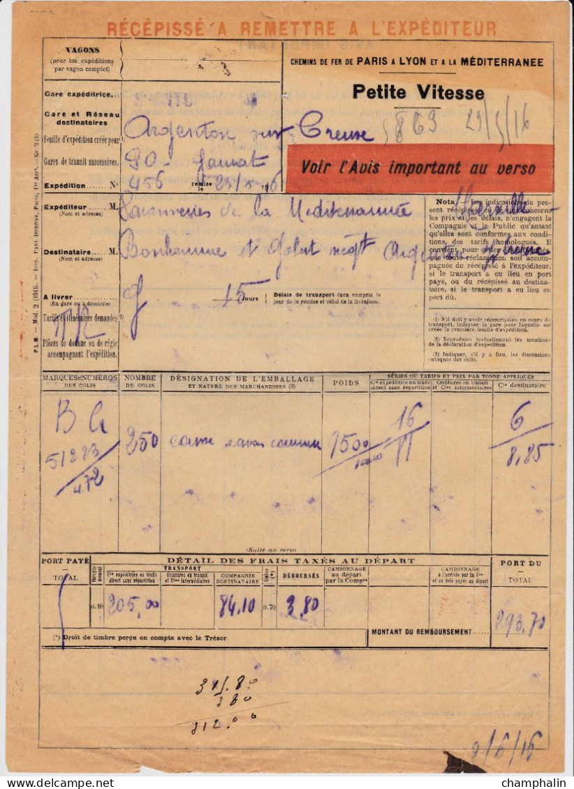 Chemins De Fer PLM - 1 Document Transport Marchandises De Marseille (13) à Argenton-sur-Creuse (36) - 23 Mai 1916 - Transport