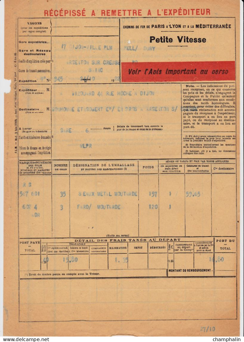 Chemins De Fer PLM - 1 Document Transport Marchandises De Dijon (21) à Argenton-sur-Creuse (36) - 24 Octobre 1922 - Transportmiddelen