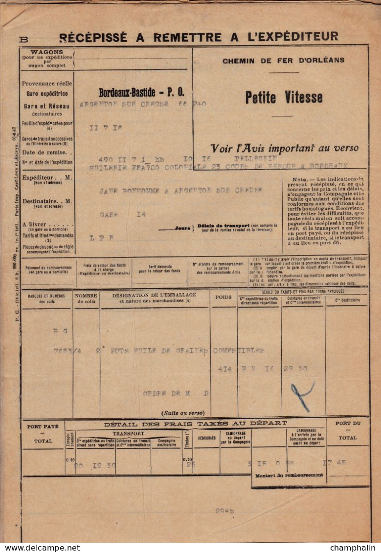 Chemin De Fer D'Orléans - 15 Documents Transport Marchandises Bordeaux (33) à Argenton-sur-Creuse (36) - 11 Juillet 1918 - Transportmiddelen