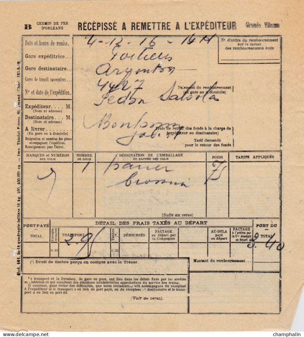 Chemins De Fer D'Orléans - 1 Document Transport Marchandises Poitiers (86) à Argenton-sur-Creuse (36) - 4 Décembre 1916 - Transportmiddelen