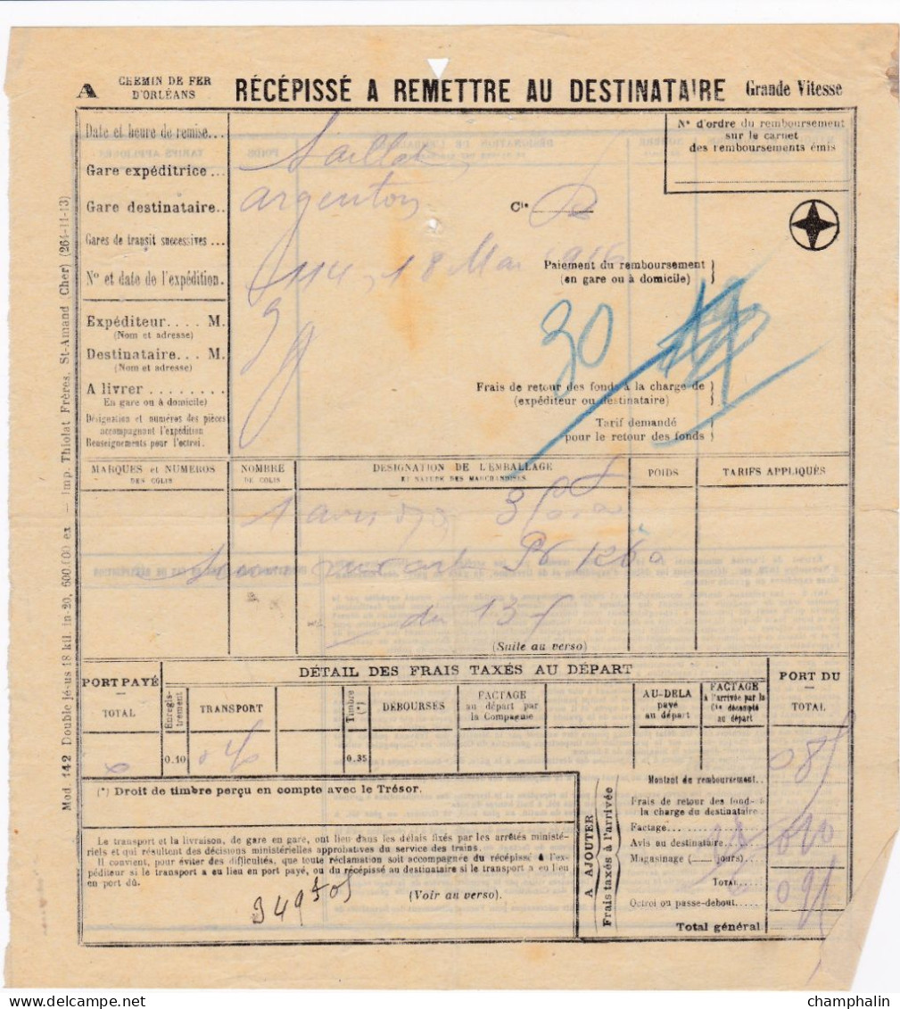 Chemins De Fer D'Orléans - 1 Document Transport Marchandises De Sarlat (24) à Argenton-sur-Creuse (36) - 18 Mai 1916 - Transportmiddelen