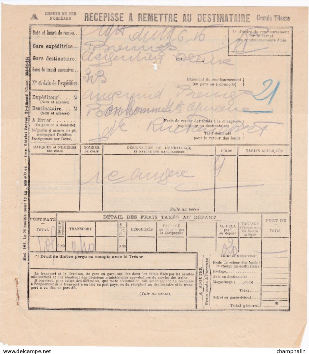 Chemins De Fer D'Orléans - 1 Document Transport Marchandises De Bourges (18) à Argenton-sur-Creuse (36) - 29 Juin 1916 - Transports