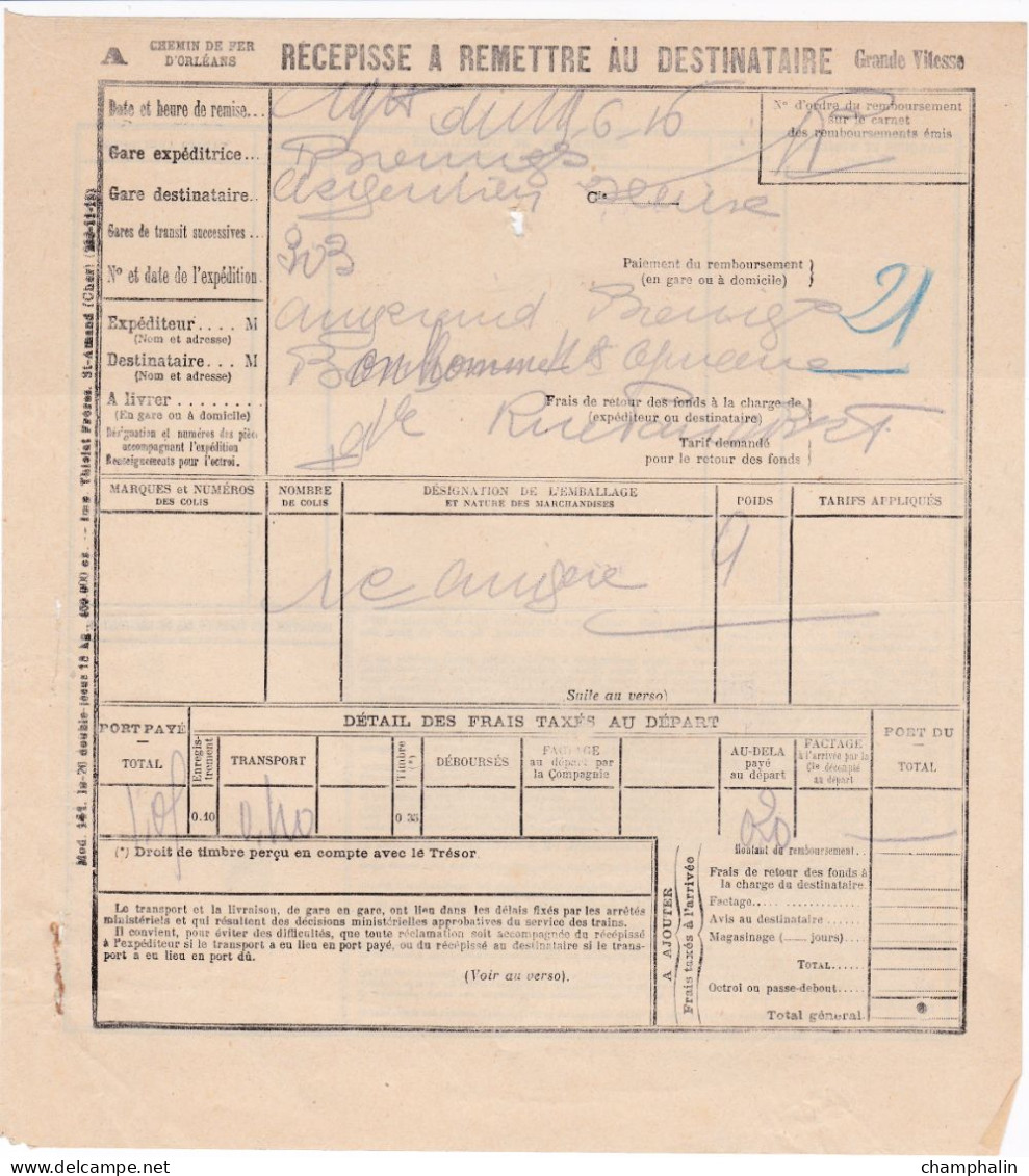 Chemins De Fer D'Orléans - 1 Document Transport Marchandises De Bourges (18) à Argenton-sur-Creuse (36) - 29 Juin 1916 - Transport