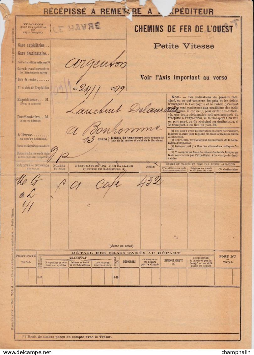 Chemins De Fer Ouest & Etat - 4 Documents Transport Marchandises Le Havre (76) à Argenton-sur-Creuse (36) - 1909 à 1922 - Transports