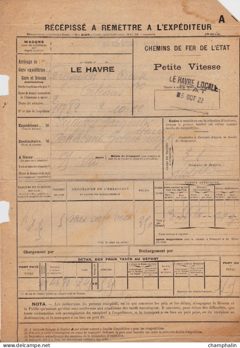 Chemins De Fer Ouest & Etat - 4 Documents Transport Marchandises Le Havre (76) à Argenton-sur-Creuse (36) - 1909 à 1922 - Verkehr & Transport