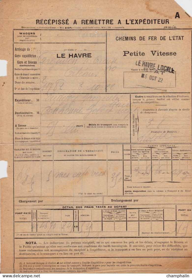 Chemins De Fer Ouest & Etat - 4 Documents Transport Marchandises Le Havre (76) à Argenton-sur-Creuse (36) - 1909 à 1922 - Transport