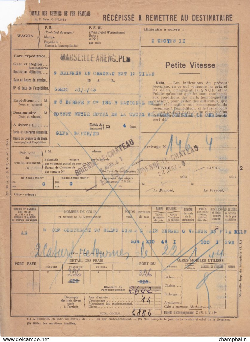 SNCF - 1 Document Transport Marchandises De Marseille (13) à Brienne-le-Château (10) - 31 Mars 1943 - Anis Berger - Transport