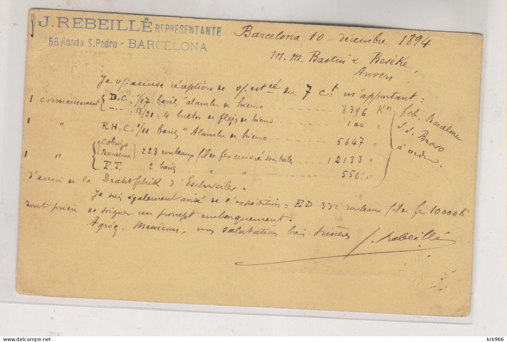 SPAIN BARCELONA 1894 Postal Stationery To BELGIUM - Cartas & Documentos