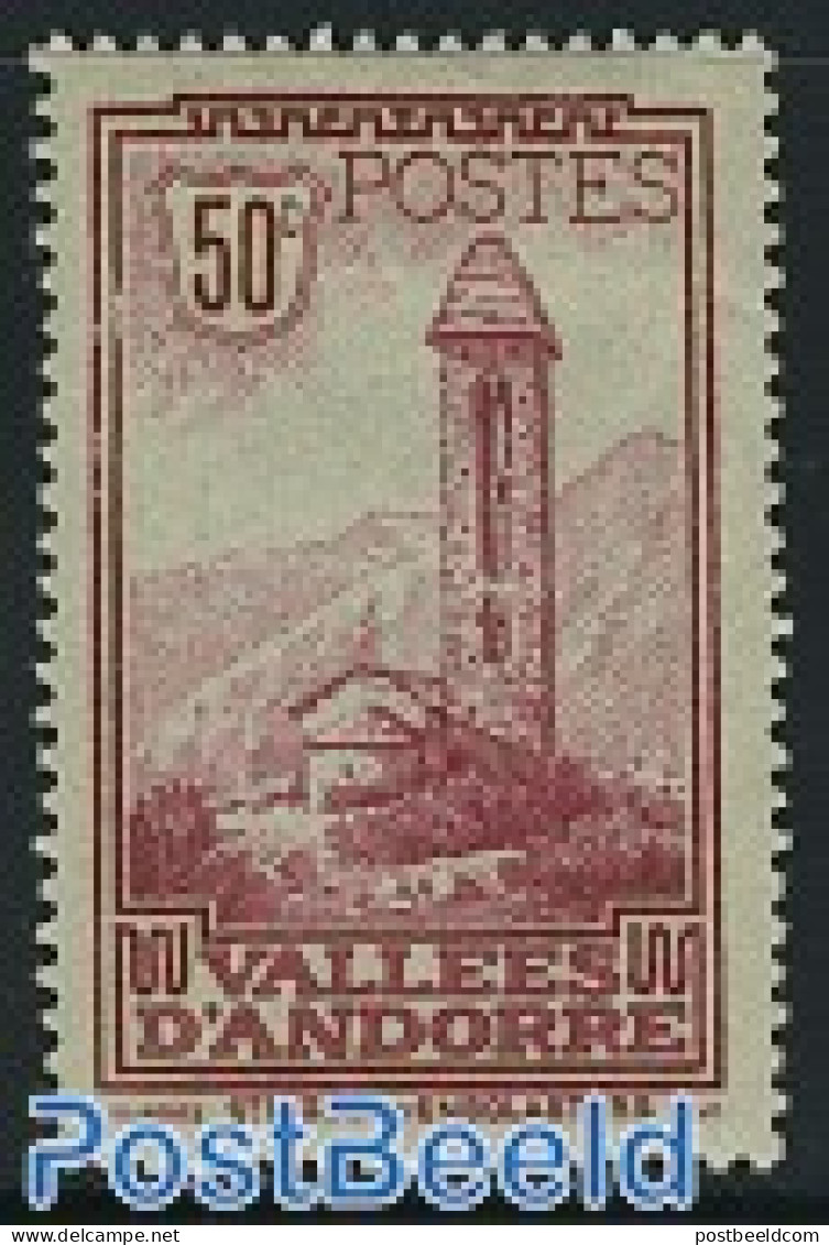 Andorra, French Post 1932 50c, Stamp Out Of Set, Unused (hinged), Religion - Churches, Temples, Mosques, Synagogues - Ungebraucht