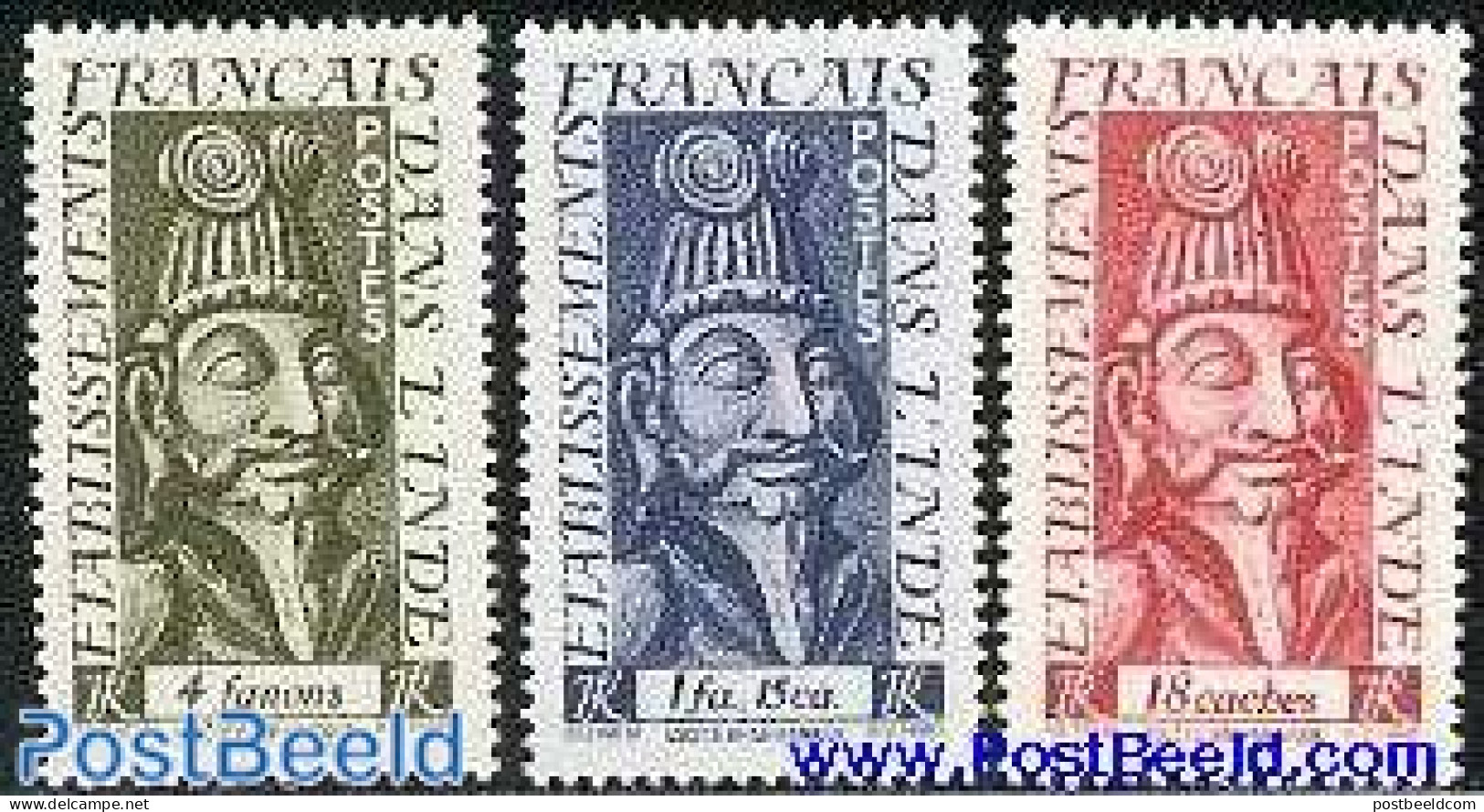 French India 1952 Definitives 3v, Mint NH, Art - Sculpture - Ungebraucht