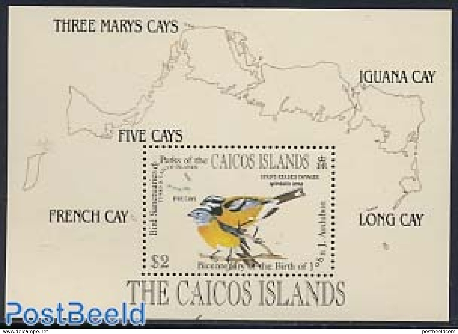 Turks And Caicos Islands 1985 J.J. Audubon S/s, Mint NH, Nature - Various - Birds - Maps - Géographie