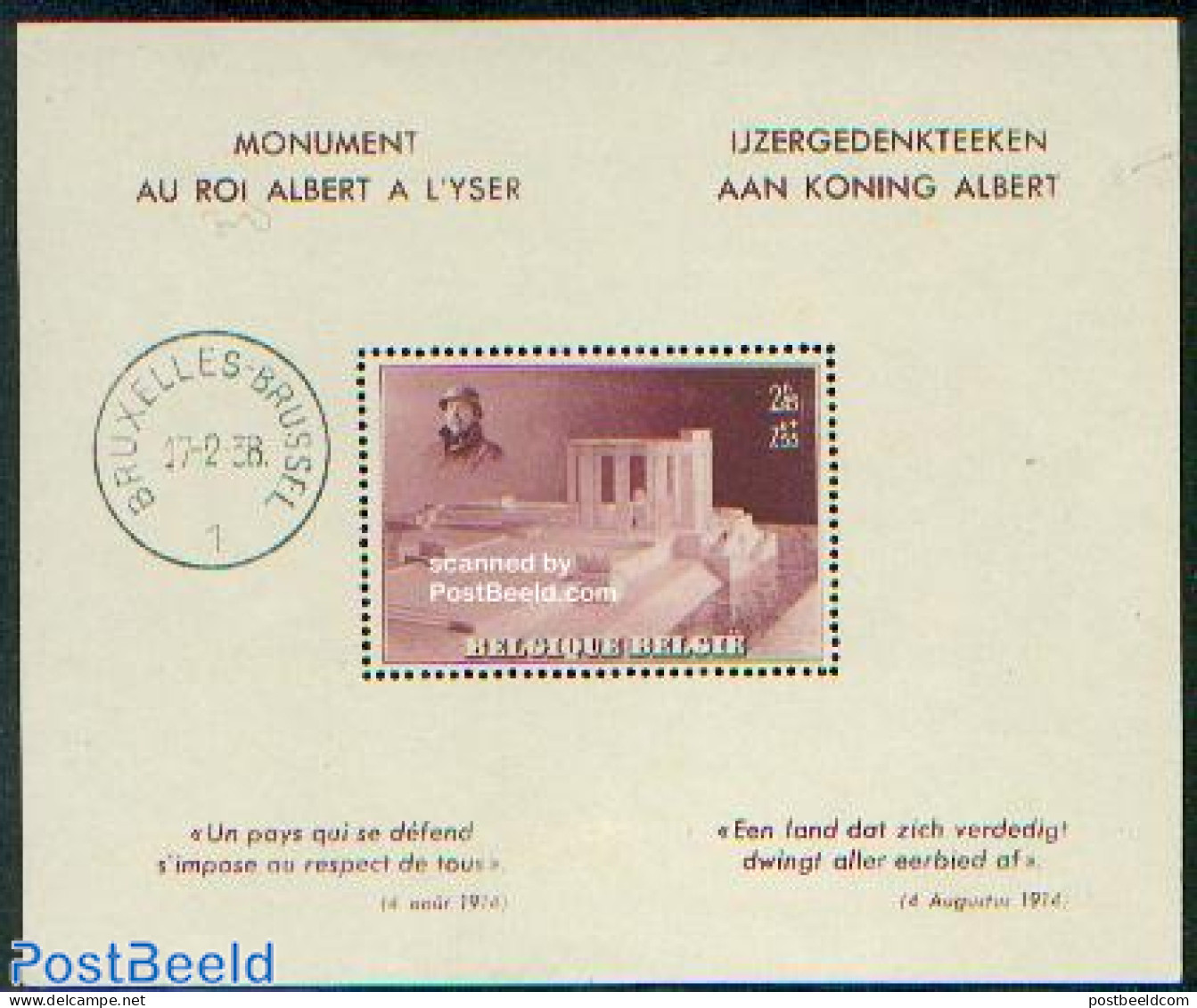 Belgium 1938 King Albert Monument S/s (always Canc. On Border), Unused (hinged), History - Kings & Queens (Royalty) - Nuevos