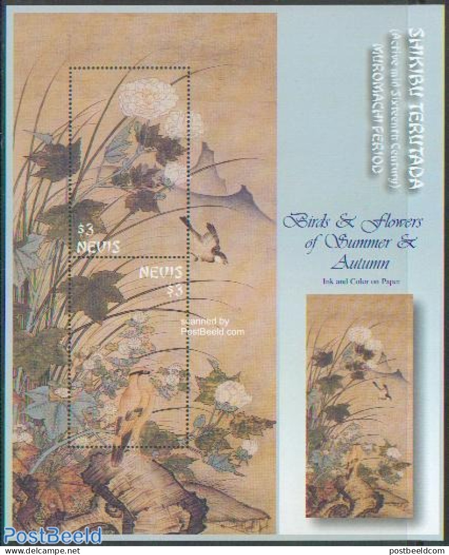 Nevis 2002 Japanese Paintings 2v M/s, Mint NH, Nature - Birds - Art - East Asian Art - Paintings - St.Kitts And Nevis ( 1983-...)