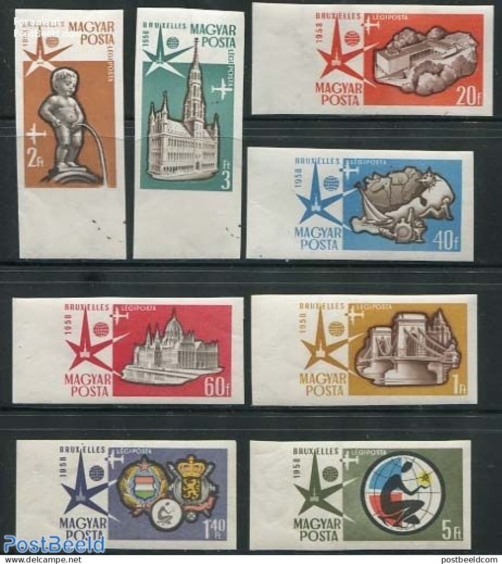 Hungary 1958 Expo Brussels 8v Imperforated, Mint NH, Various - World Expositions - Bridges And Tunnels - Sculpture - Neufs