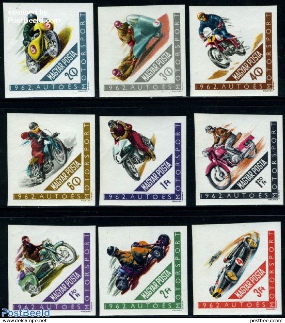 Hungary 1962 Auto & Motorsports 9v Imperforated, Mint NH, Sport - Transport - Autosports - Sport (other And Mixed) - A.. - Unused Stamps