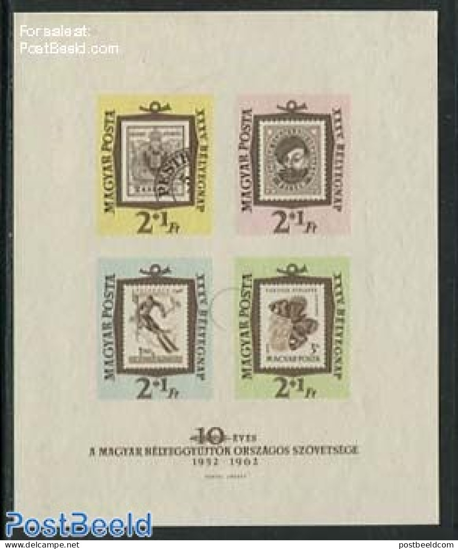 Hungary 1962 Stamp Day S/s Imperforated, Mint NH, Nature - Sport - Butterflies - Skiing - Stamp Day - Stamps On Stamps - Nuevos