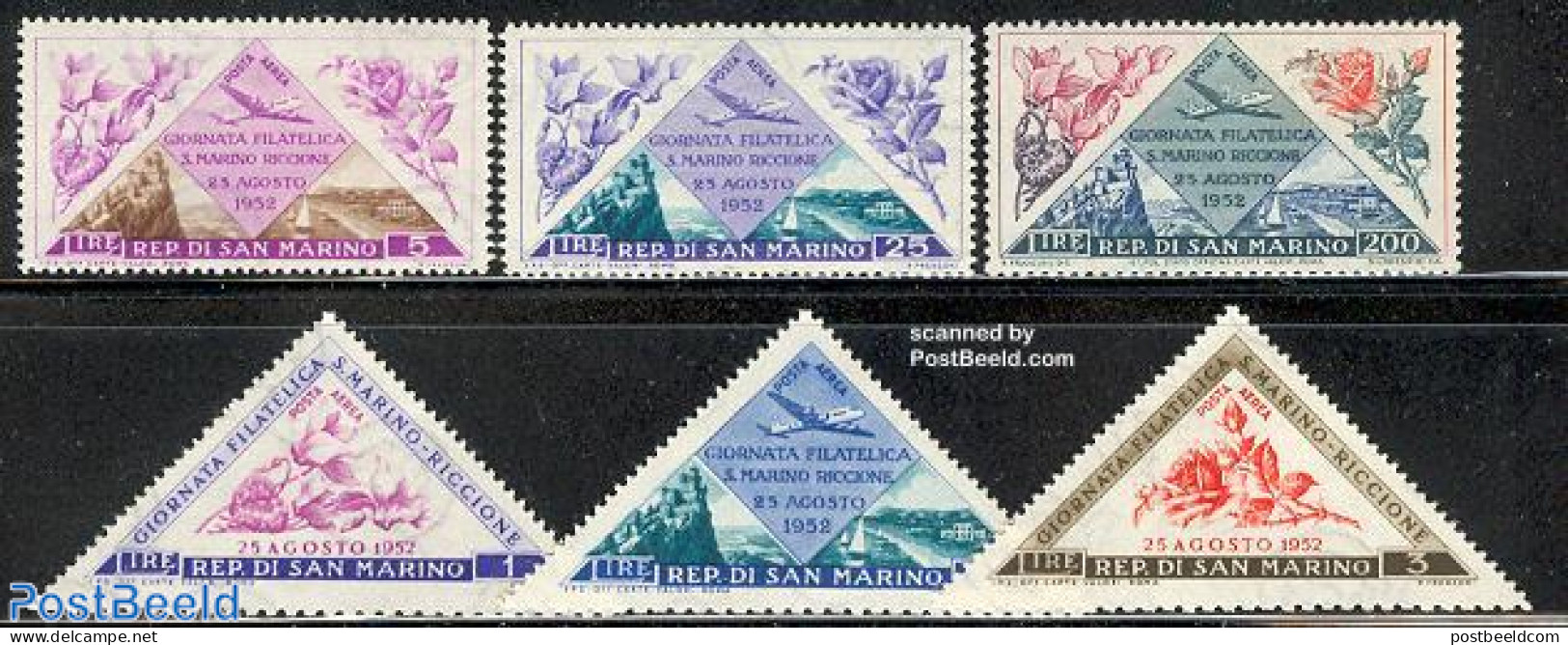 San Marino 1952 Stamp Day 6v, Mint NH, Nature - Transport - Flowers & Plants - Stamp Day - Aircraft & Aviation - Nuevos