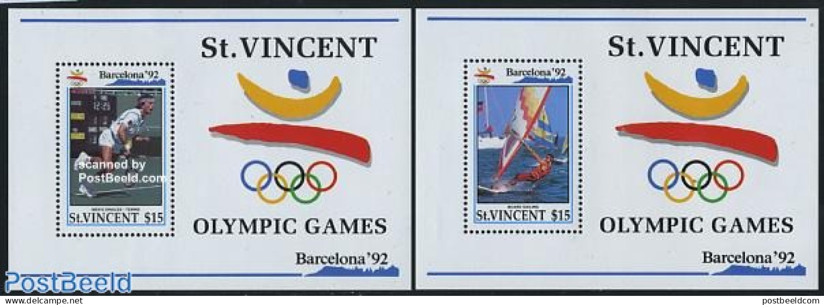 Saint Vincent 1992 Olympic Games 2 S/s, Mint NH, Sport - Olympic Games - Sailing - Tennis - Voile