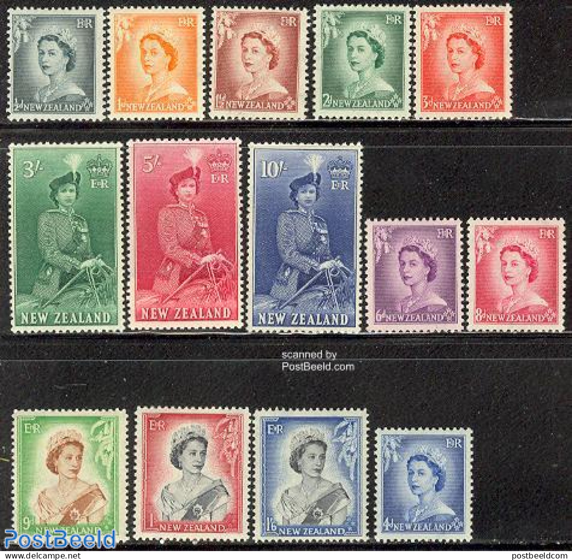 New Zealand 1953 Definitives 14v, Unused (hinged), History - Nature - Kings & Queens (Royalty) - Horses - Ungebraucht