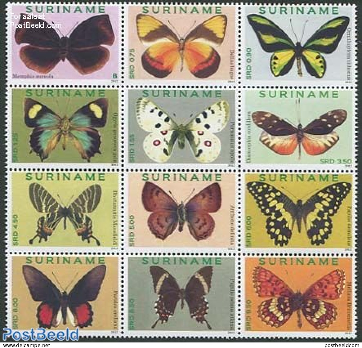Suriname, Republic 2012 Butterflies 12v, Sheetlet, Mint NH, Nature - Butterflies - Surinam