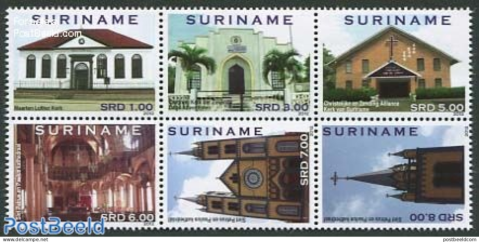 Suriname, Republic 2012 Churches 6v [++], Mint NH, Religion - Churches, Temples, Mosques, Synagogues - Churches & Cathedrals