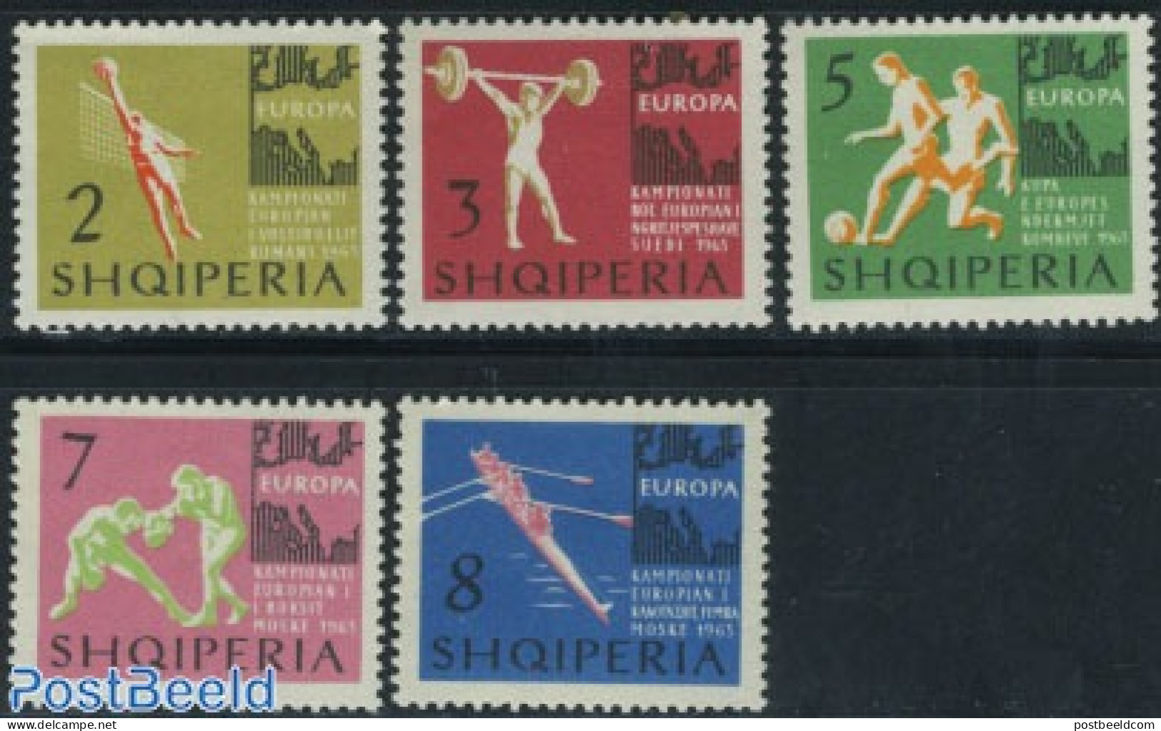 Albania 1963 European Games 5v, Mint NH, Sport - Boxing - Kayaks & Rowing - Sport (other And Mixed) - Volleyball - Pugilato