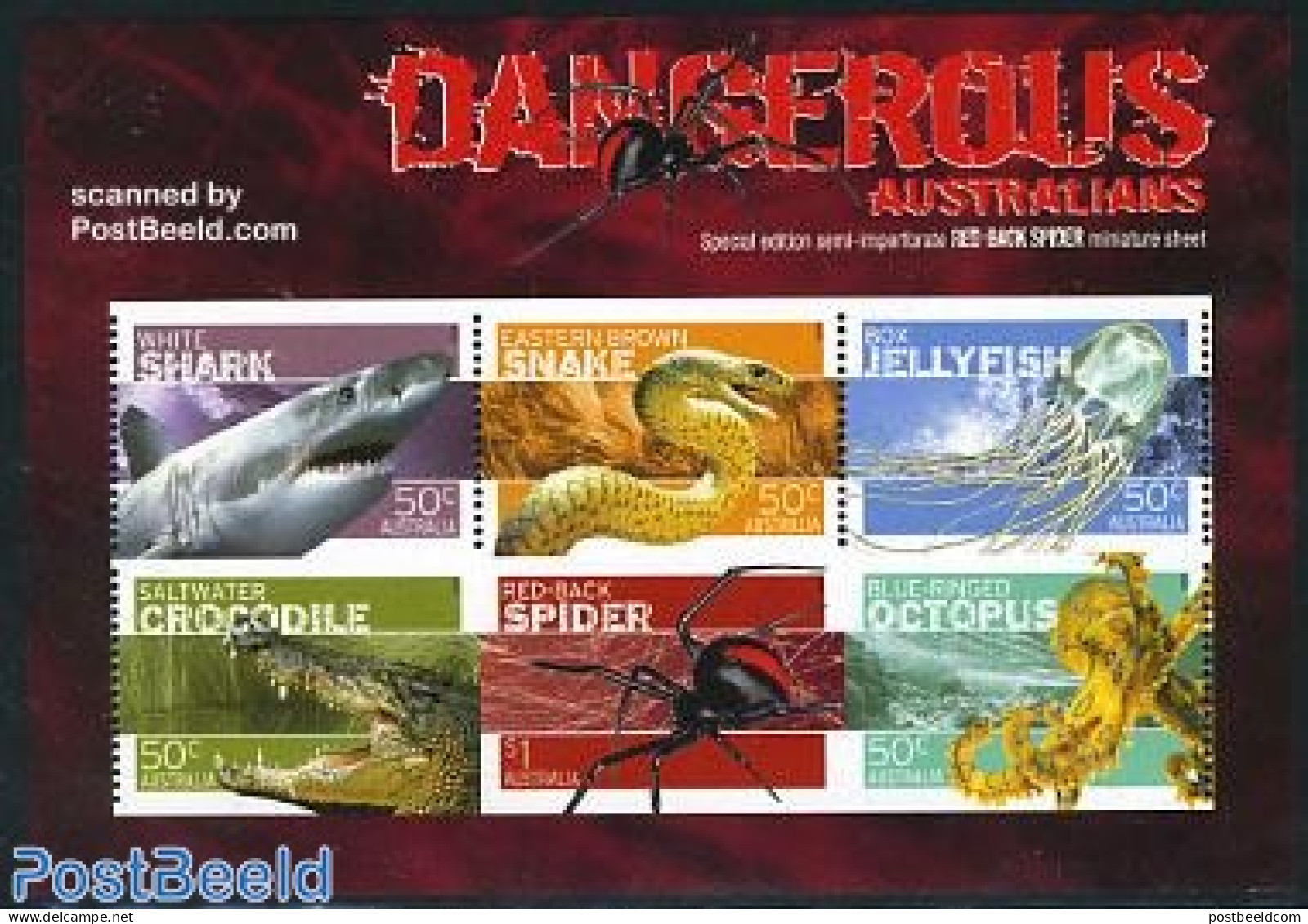 Australia 2006 Dangerous Australians S/s With Red-Back Spider, Mint NH, Nature - Crocodiles - Fish - Insects - Reptiles - Nuevos
