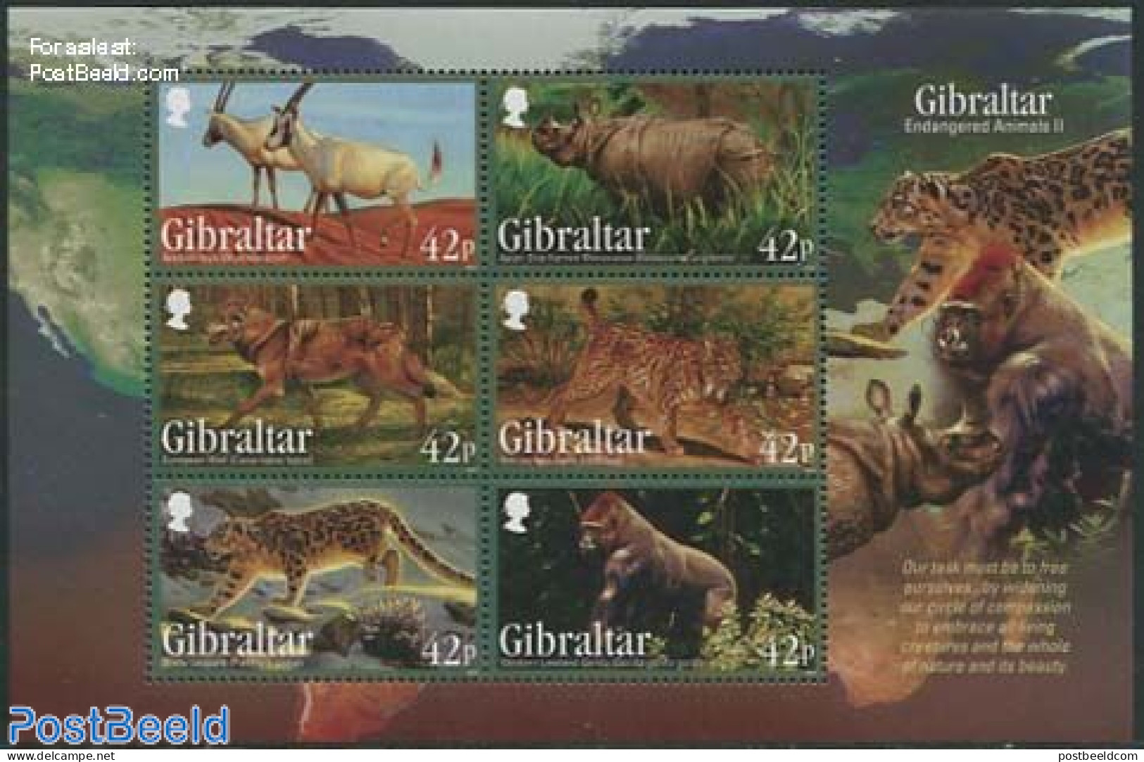 Gibraltar 2012 Endangered Animals 6v M/s, Mint NH, Nature - Animals (others & Mixed) - Cat Family - Monkeys - Rhinoceros - Gibraltar