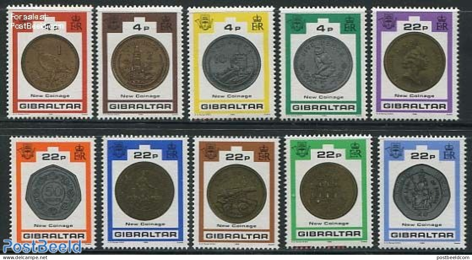 Gibraltar 1989 Coins 10v, Mint NH, Various - Money On Stamps - Monedas