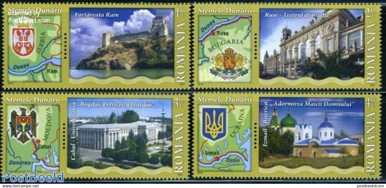 Romania 2010 Danube 4v+tabs, Mint NH, History - Religion - Various - Coat Of Arms - Churches, Temples, Mosques, Synago.. - Ongebruikt