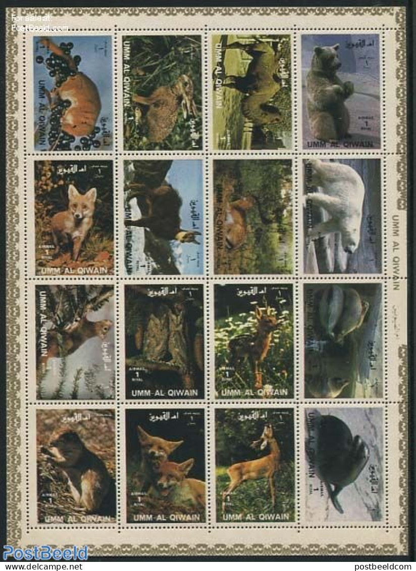 Umm Al-Quwain 1972 Animals 16v, M/s, Mint NH, Nature - Animals (others & Mixed) - Bears - Camels - Deer - Rabbits / Ha.. - Umm Al-Qiwain