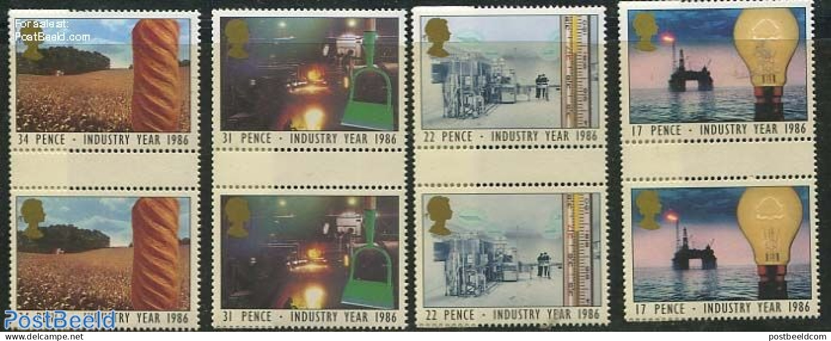 Great Britain 1986 Industrial Year, Gutter Pairs, Mint NH, Health - Science - Various - Bread & Baking - Energy - Mini.. - Unused Stamps