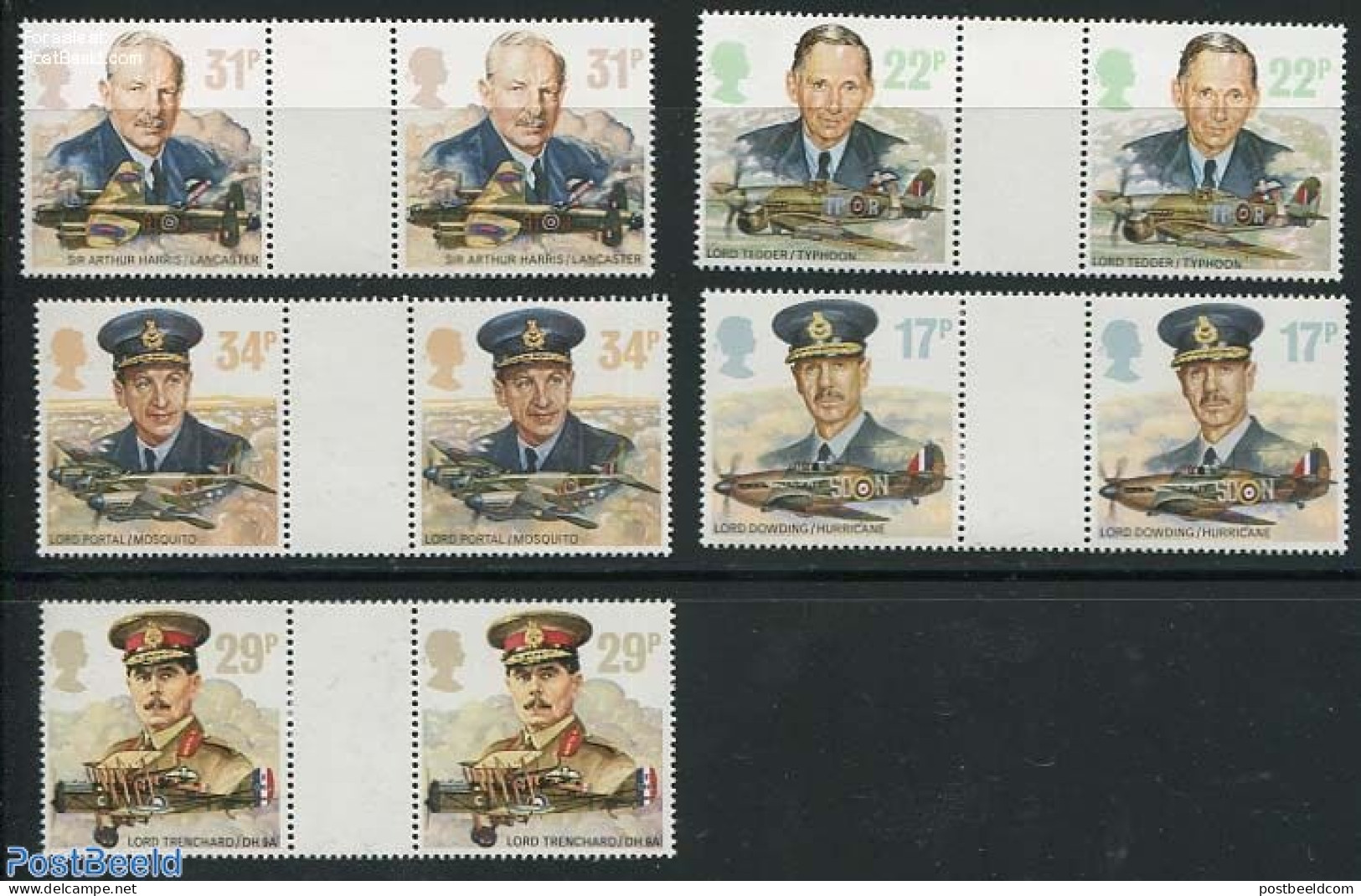 Great Britain 1986 Aviation Heroes 5v, Gutter Pairs, Mint NH, History - Transport - Various - Flags - Aircraft & Aviat.. - Ungebraucht