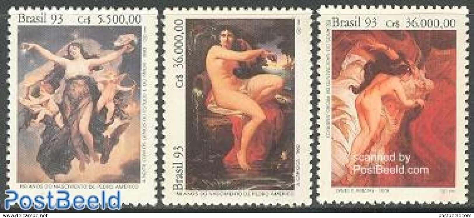 Brazil 1993 Pedro Americo 3v, Mint NH, Art - Nude Paintings - Paintings - Unused Stamps
