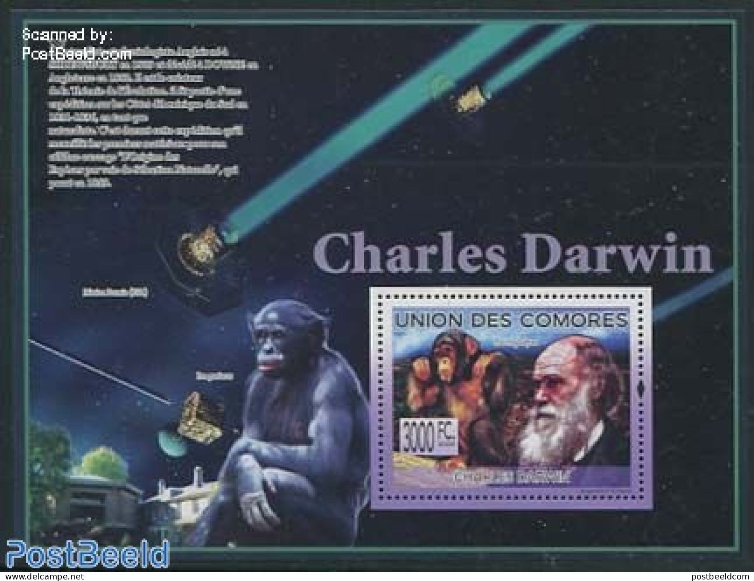 Comoros 2009 Charles Darwin S/s, Mint NH, History - Nature - Transport - Explorers - Monkeys - Space Exploration - Esploratori