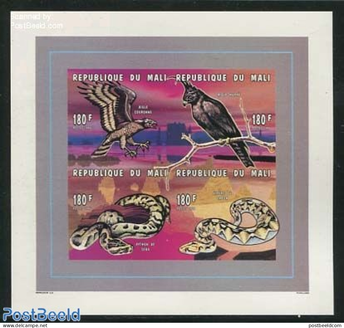 Mali 1996 Animals 4v M/s, Imperforated, Mint NH, Nature - Birds - Birds Of Prey - Reptiles - Snakes - Mali (1959-...)